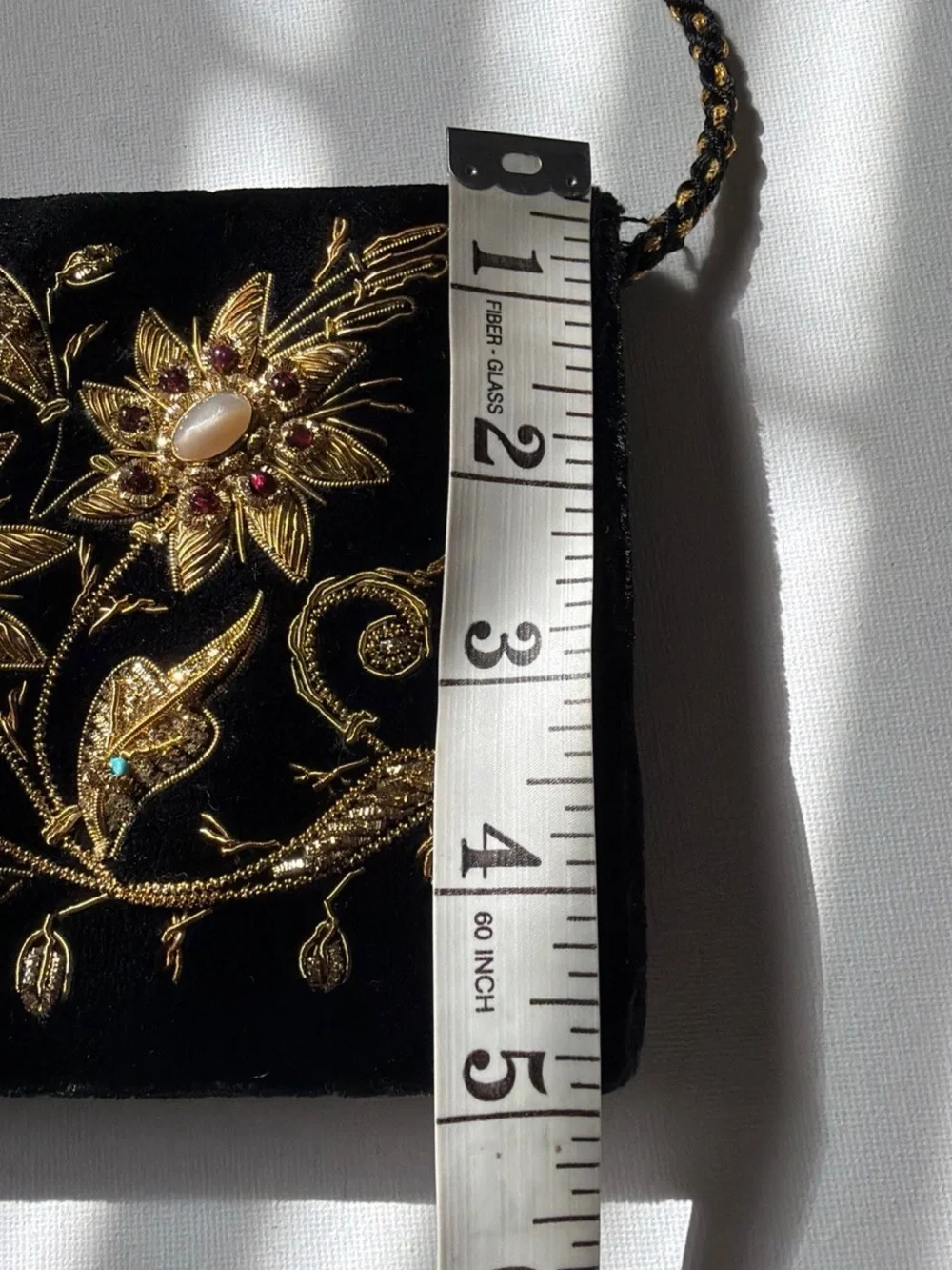 Black Velvet Evening Clutch with Gold Floral Embroidery and Gem Accents